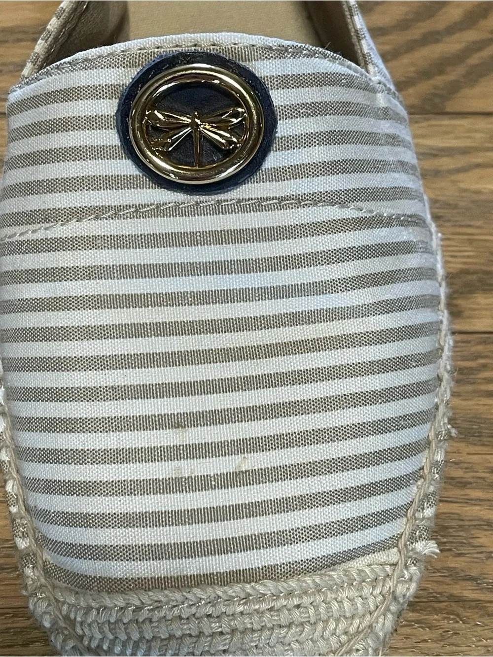 NWOT - Talbots Striped Canvas Espadrille Flats Dragonfly Gold Emblem - Sz 7.5